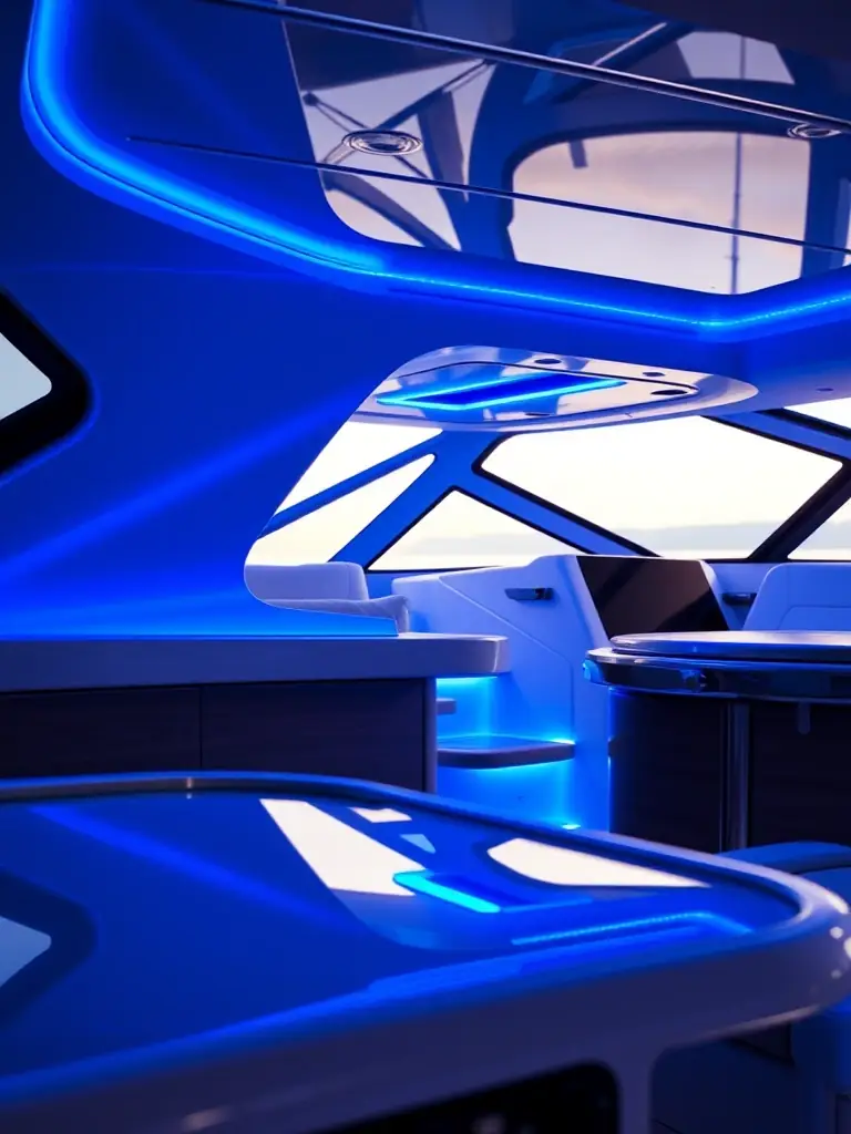A vibrant blue LED strip light illuminating the interior of a boat, highlighting its waterproof capabilities and suitability for marine applications.