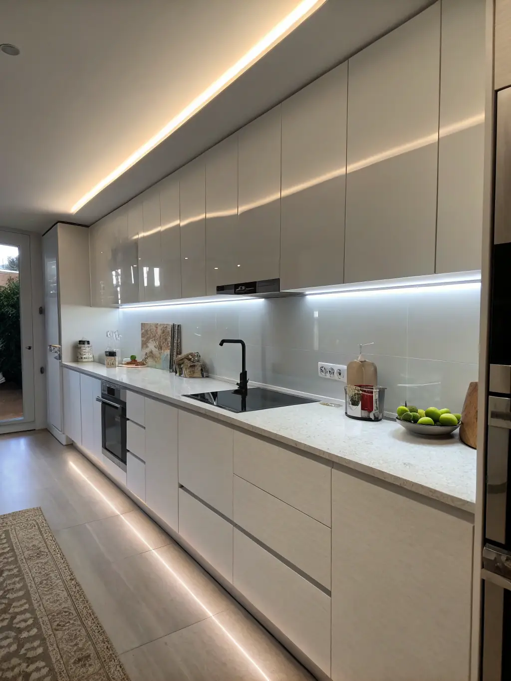 A close-up shot of a flexible LED strip light emitting a warm white glow, showcasing its adaptability for under-cabinet lighting in a modern kitchen setting.
